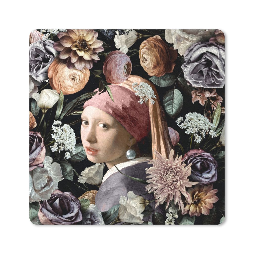 MuchoWow Mauspad Mousepad Mädchen mit Perlenohrring - Blumen - Vermeer - Pastell - Kunstwerk - Gemälde - Alte Meister 30x30 cm - Mousepads - Ma...