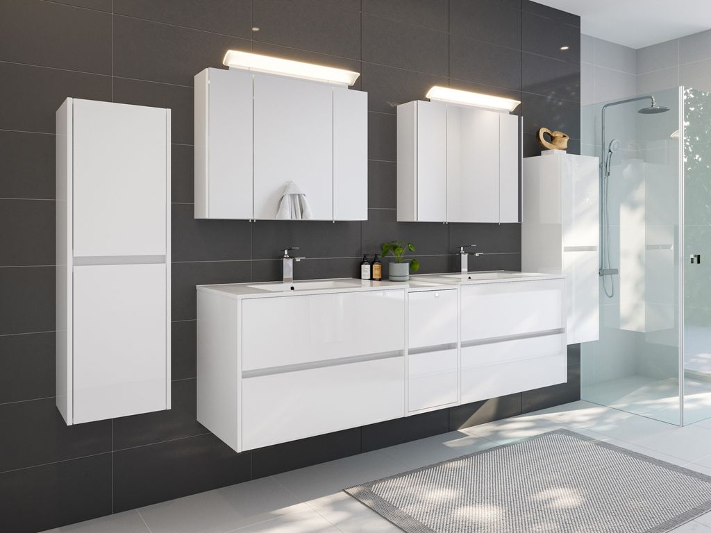 Badmöbelset Taifun 190cm 5tlg mit 2x Spiegelschrank & 2x Seitenschrank weiß Hgl : Weiss hochglanz Varianten: Weiss hochglanz