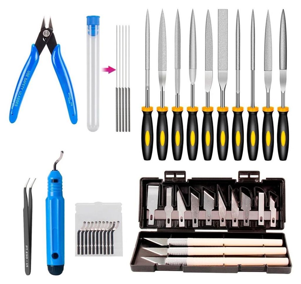 A collection of 3D printing tools arranged on a white background.