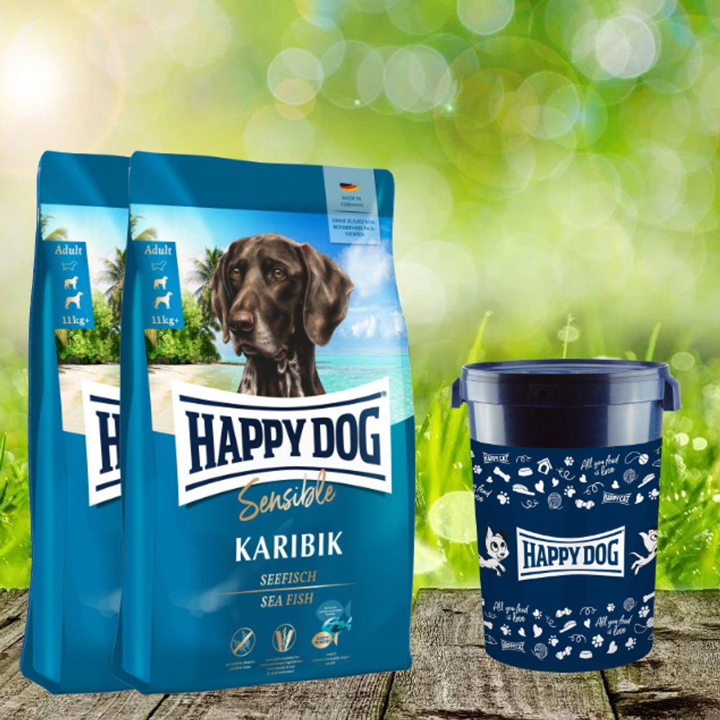 Happy Dog Supreme Karibik 2 x 11 kg + Happy Dog Futtertonne 43 Liter