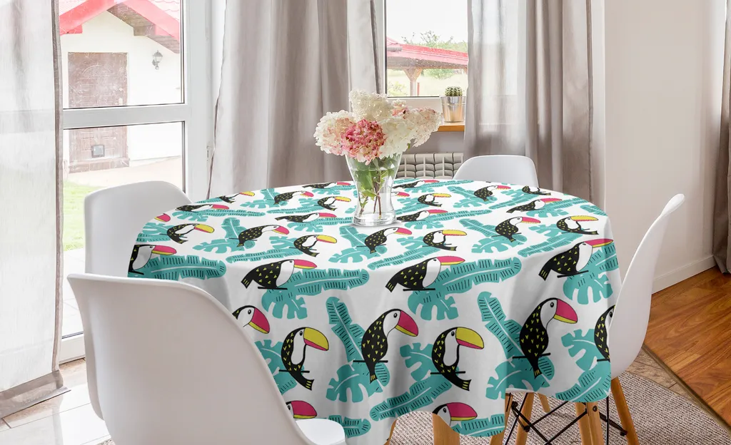 ABAKUHAUS Tovaglia rotonda Tukan, uccello tropicale su foglie artistiche, tovaglia circolare per sala da pranzo, decorazione cucina, 150 cm, turchese e multicolore