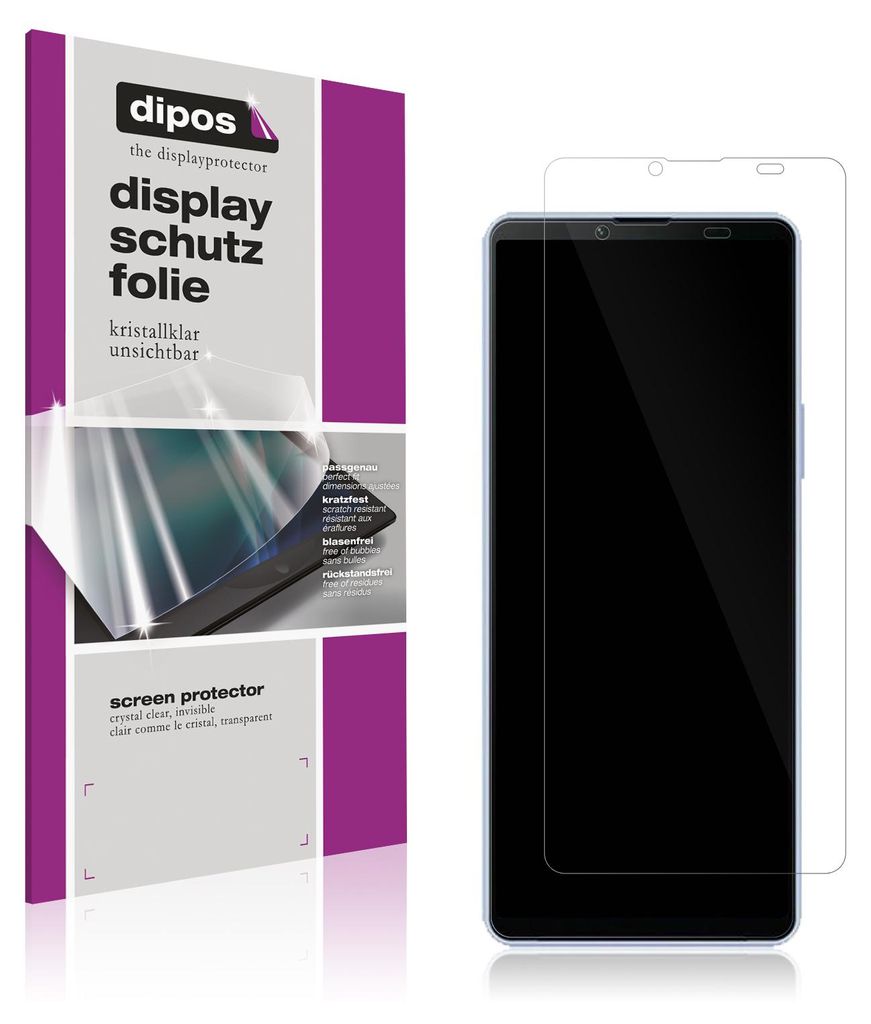 A product packaging and a smartphone with a screen protector are shown side-by-side.