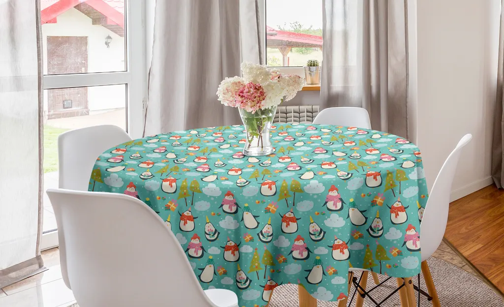 Tovaglia Rotonda Natalizia 150cm ABAKUHAUS - Pinguini e Regali Noel
