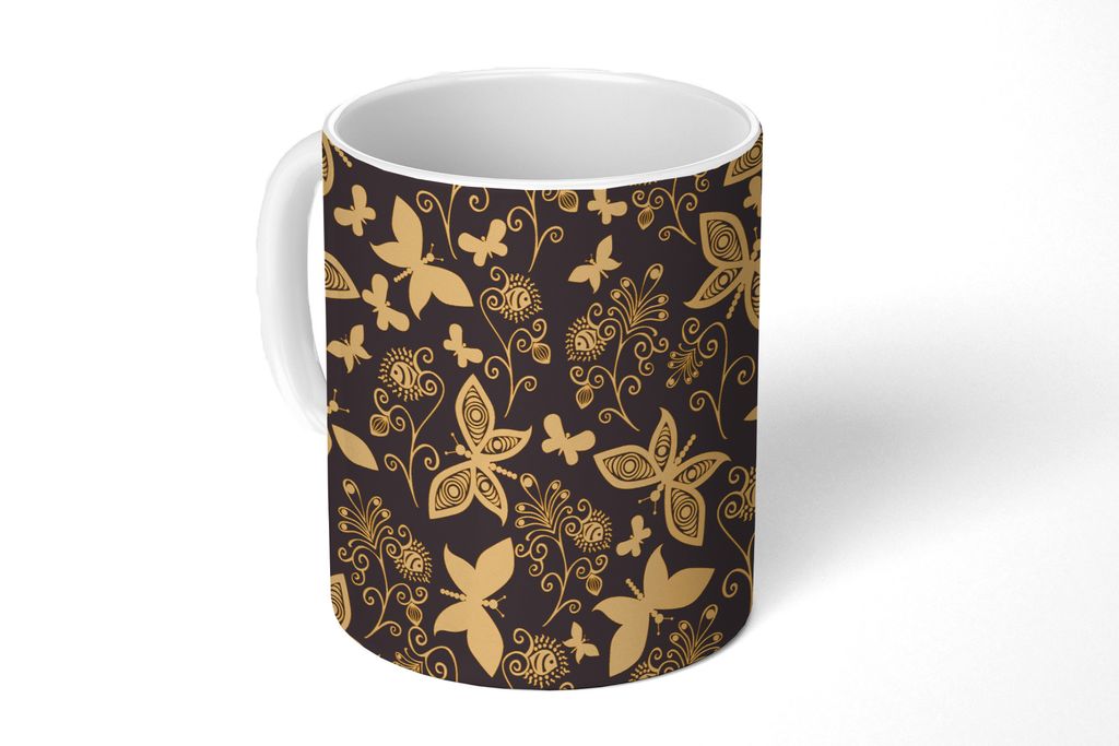 KitchenYeah Tasse Kaffeetasse Kaffeebecher 350 ml Blumen - Schmetterling - Gold - Muster Teetasse - Fototasse - Becher - Keramikbecher - Teebeche...