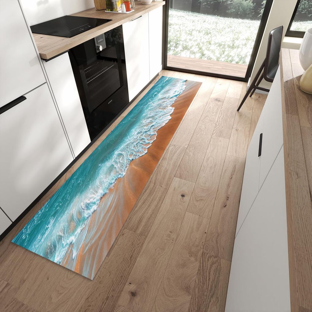 Küchenteppich 60x270cm rutschfest & abwischbar PVC Läufer - Sandstrand Wellen