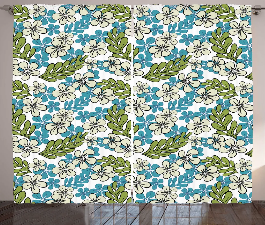 Rideau rustique fleurs de frangipanier bleu avec boucles et crochets 225