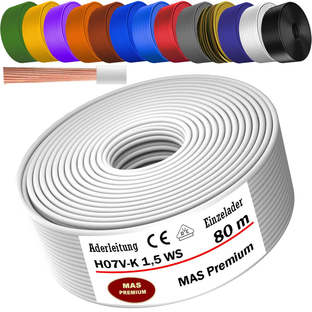 80m Aderleitung H07 V-K WS 1x1,5 mm² Weiß Einzelader flexibel