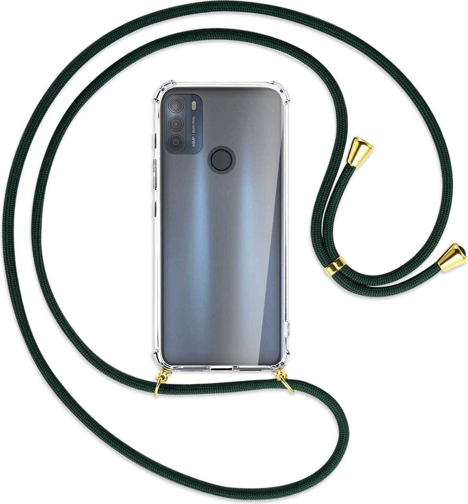 Handykette Backcover-Schutzhülle mit Band (Metall goldfarben) für Motorola Moto G50 (XT2137) - dunkelgrün