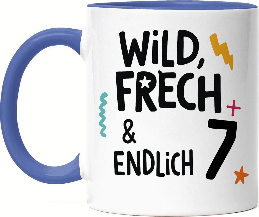 Wild frech endlich 7 Tasse Blau Becher Kindergeburtstag Geschenk Mädchen Jungen 7 Jahre Geburtstag