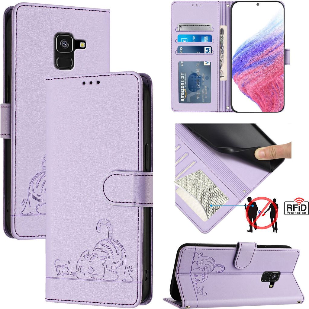 Leder Hülle für Samsung Galaxy A8 2018 Süße Katze Flip Case Brieftasche Schutzhülle mit Standfunktion Lila
