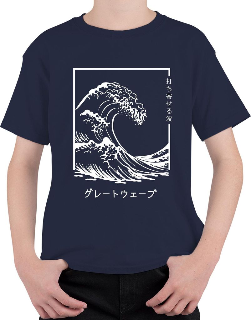 japanische Welle グレートウェーブ Vintage Ukiyoe Surfer Maritim Zen retro Uni Kinder T-Shirt, Navy, 104