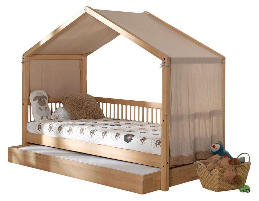 Hausbett Kelci 90x200 mit Dach und Textilhimmel Buche massiv natur