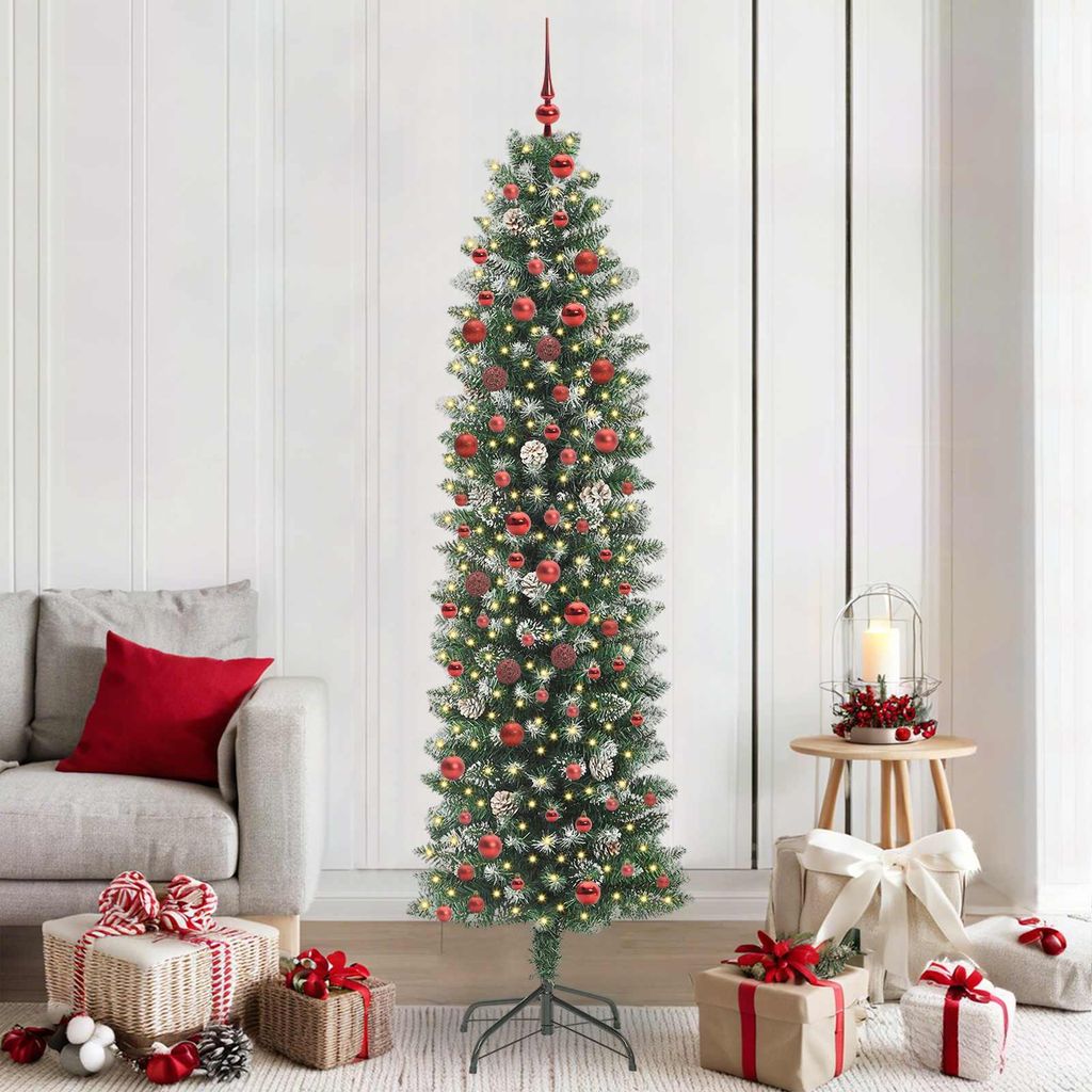 vidaXL Künstlicher schlanker Weihnachtsbaum Grün und Weiß 210 cm