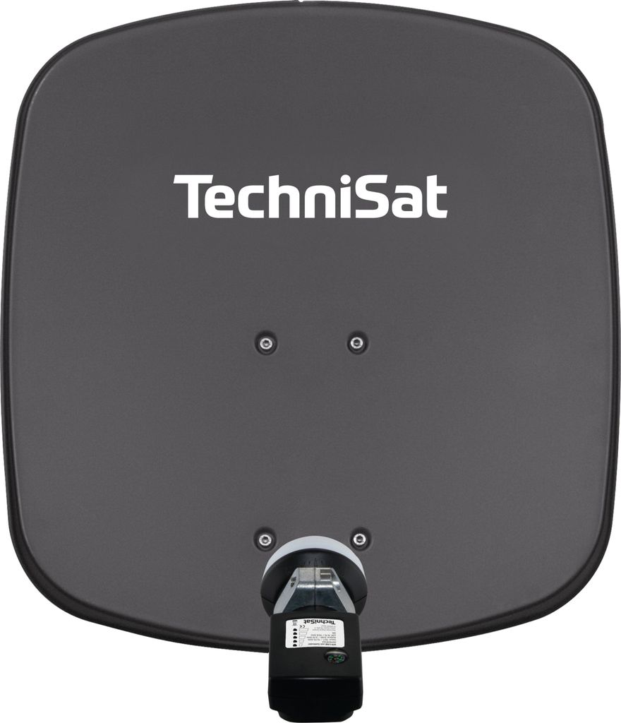 A satellite dish with a logo and some attachments.