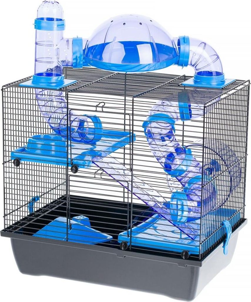 A hamster cage with multiple levels and tubes.