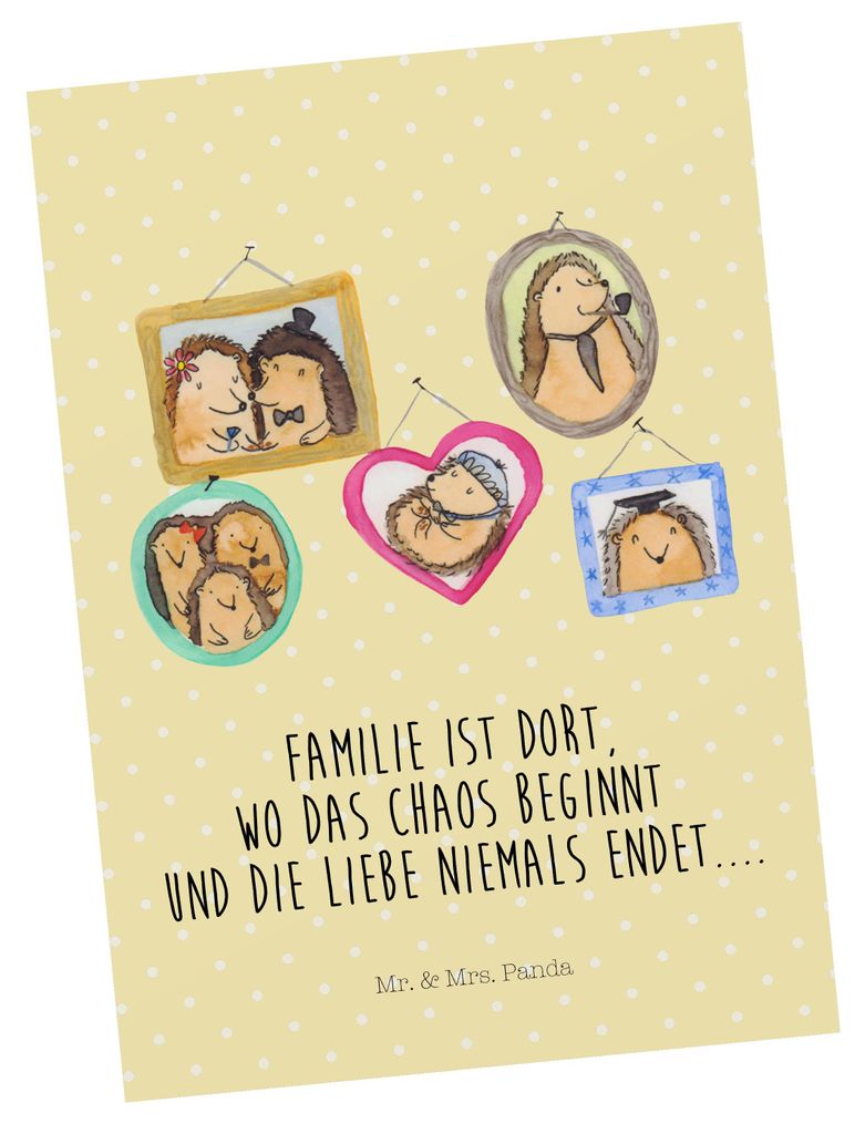 Mr. & Mrs. Panda Grußkarte Igel Familie - Gelb Pastell - Geschenk, Ansichtskarten, Fotokarte, Muttertag, Schwester, Bilder, Postkarte, Mama, Ansic...