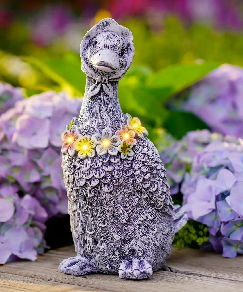 Figurine Oie Solaire avec LED et Couronne de Fleurs Décoration de Jardin