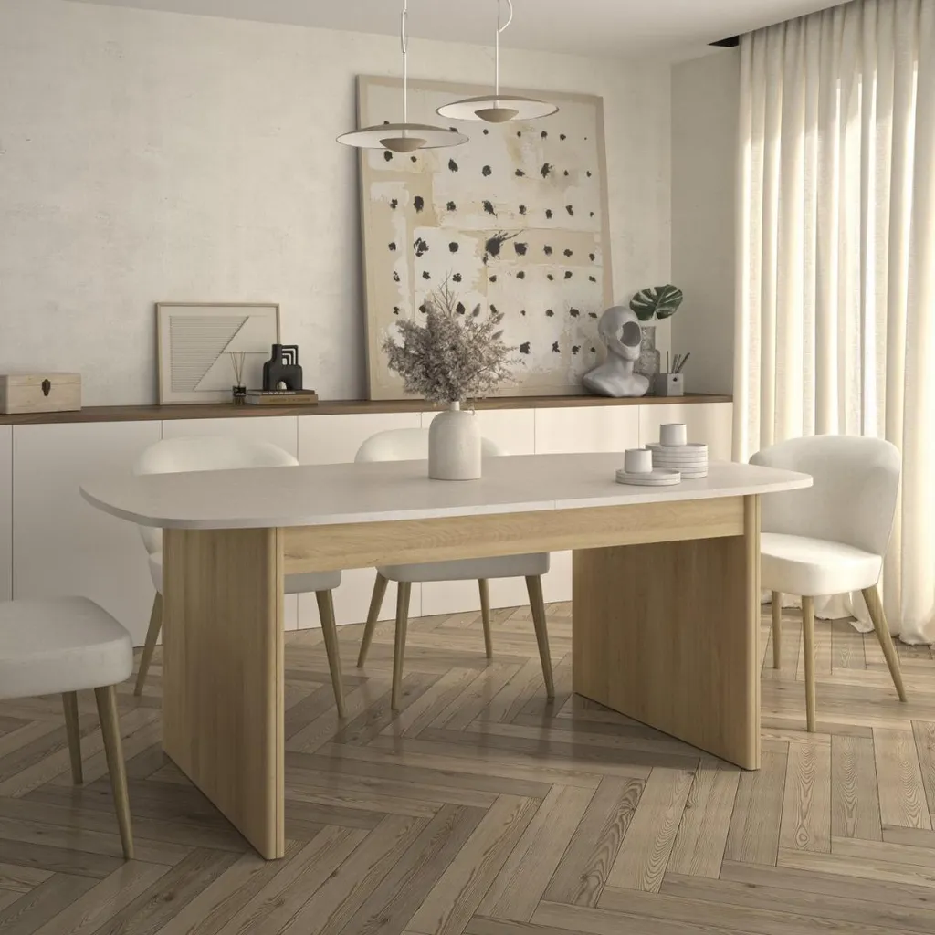 Table de repas modulable 10-12 personnes extensible blanc et bois - 2