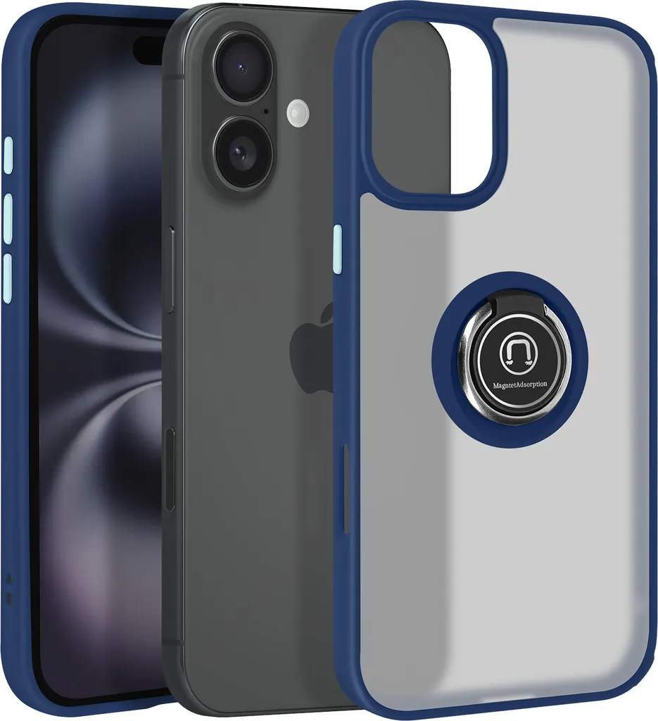 Avizar, custodia per cellulare per Apple iPhone 16 anello in metallo, supporto video, blu scuro