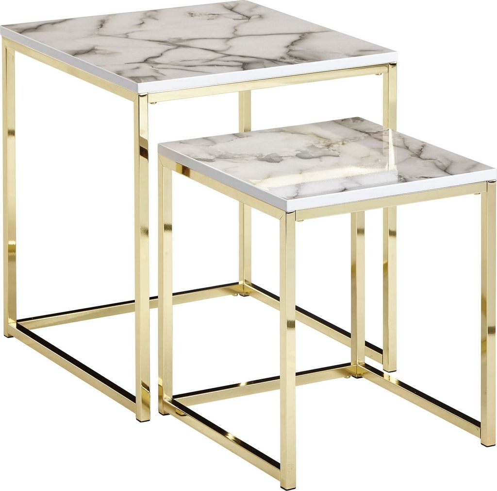 Design Beistelltisch 2er Set Weiß Marmor Optik Eckig, Couchtisch 2-teilig Tischgestell Metall Gold, Kleine Wohnzimmertische, Moderne Satztische Qu...