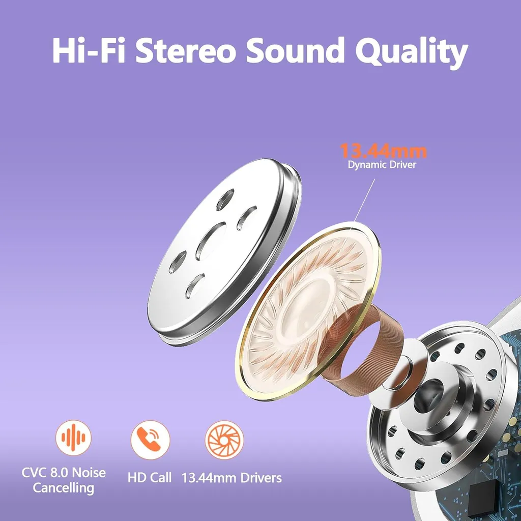 Cuffie Bluetooth sportive senza fili, batteria ricaricabile da 128 ore, Bluetooth 5.3, cancellazione del rumore ENC, bassi HiFi, impermeabilità IPX7, gancio per l'orecchio, display LED, custodia di ricarica USB-C - 4