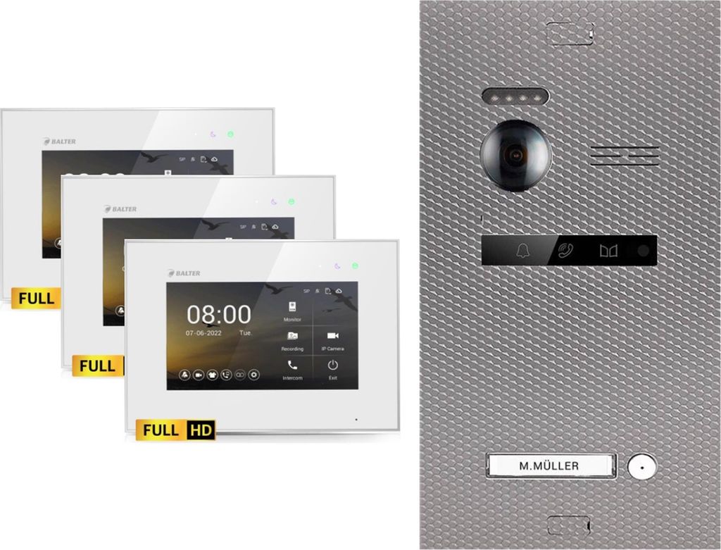 BALTER EVO HD Karbon-Silber Video Türsprechanlage Set 1 Teilnehmer 3x7" Monitor Weiß