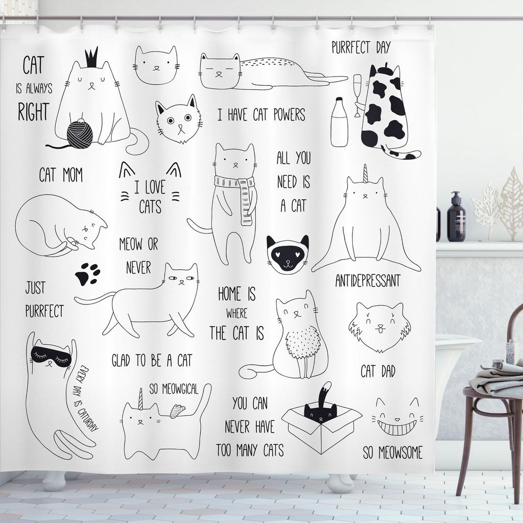 ABAKUHAUS Katzen Duschvorhang, Doodle Zusammensetzung der Tiere mit verschiedenen Zitaten Hand gezeichnet Design, 175 x 220 cm, Dunkelbraun Weiß