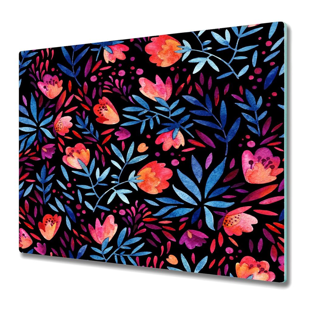 Küchenschneidebrett - Glasschneidebrett - Herdabdeckung - 60x52 - Aquarellblumen