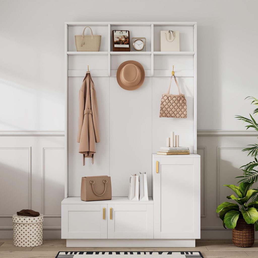 Garderobe mit Bank & Schuhablage, 3 Haken, offenem Fach, Weiß, 120×200 cm