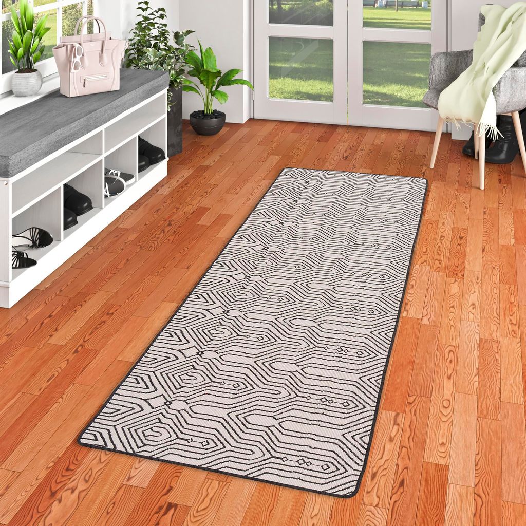 In- und Outdoor Teppich Läufer Beidseitig Newport Boho Schwarz Weiss, Größe:80x320 cm