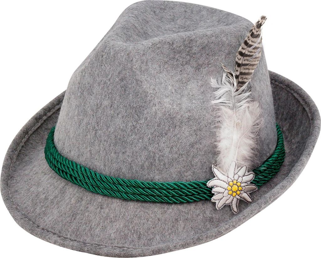 Chapeau traditionnel gris avec edelweiss & plumes - Chapeau Image du produit 