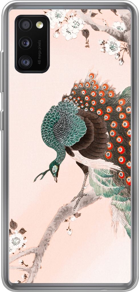 MuchoWow Handyhülle Schutzhülle Hülle für Telefoonhoesje Samsung Galaxy A41 Blüte - Pfau - Federn - Japandi Silikon Softcase Handy Hülle - ...