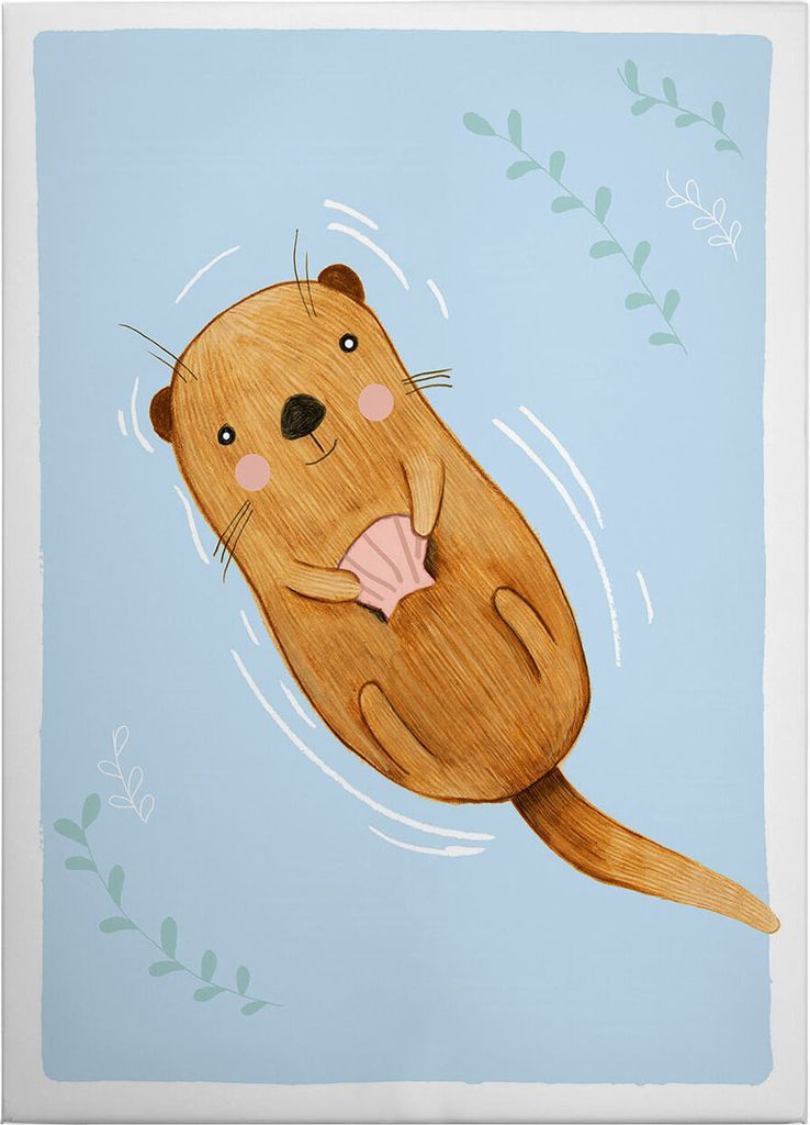 Leinwandbild Kinder 70 x 50 cm - Wandbild Braun Blau - Keilrahmen Tiere Otter Wohnzimmerdeko Wanddeko Wandgemälde