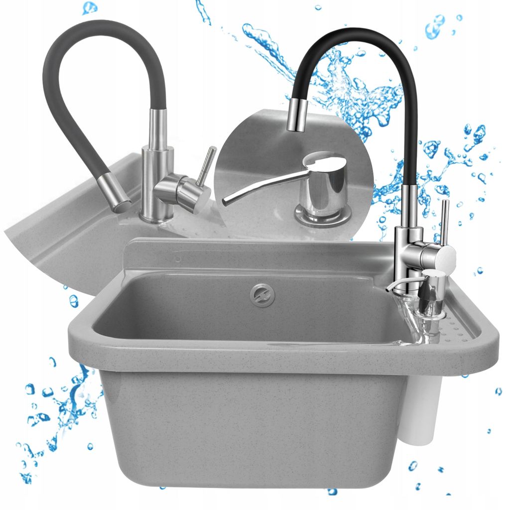 Spülbecken-Set, grau, 50 cm, flexible Armatur, Produktbild 