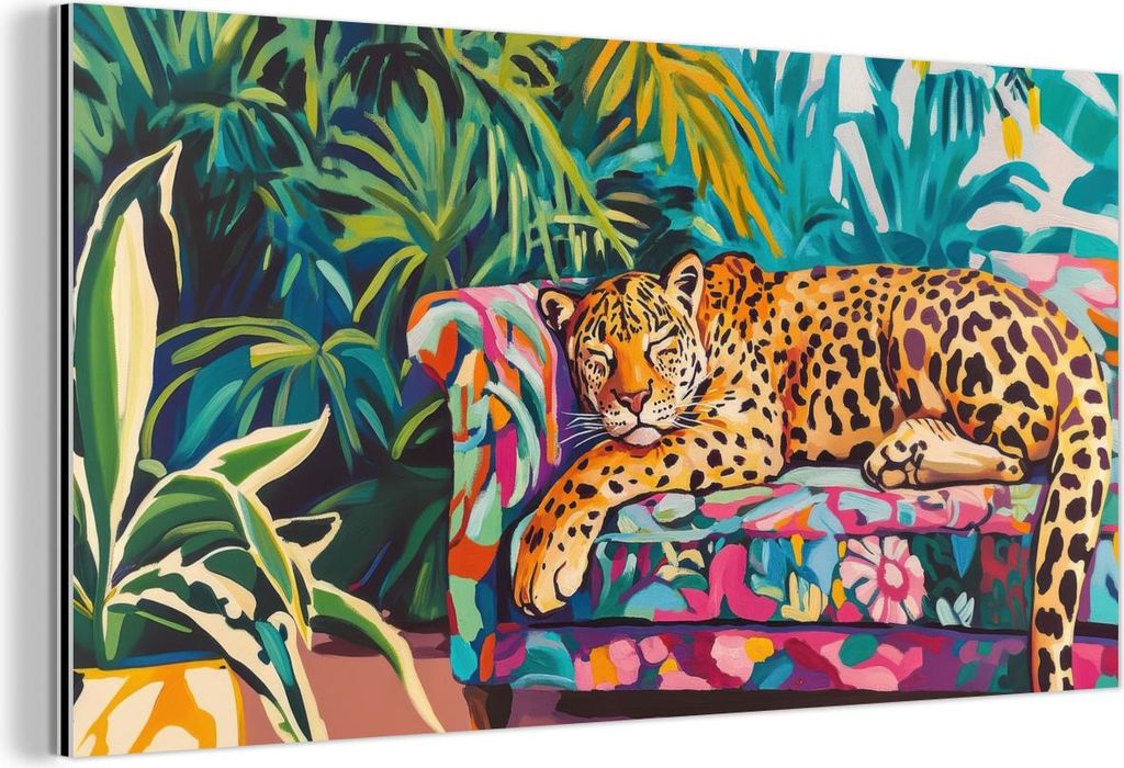 MuchoWow Wanddekoration Metall Metallbild Wandkunst 120x60 cm Leopard - Bunt - Tropisch MuchoWow Aluminium Gemälde - Metalbilder