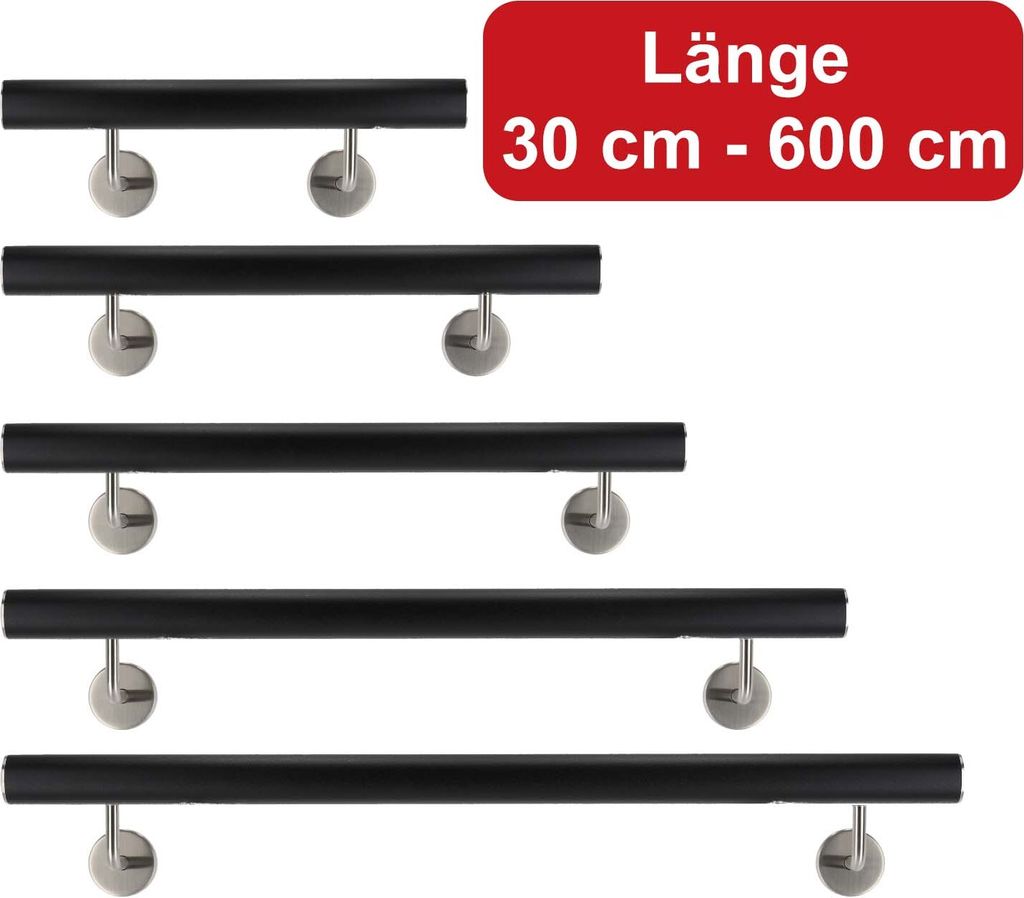 TIBU Handlauf Aluminium Schwarz 30-600cm Wandhandlauf Treppe gewinkelte Edelstahlhalter, Länge 590 cm mit 6 Halter und gerade Kappe
