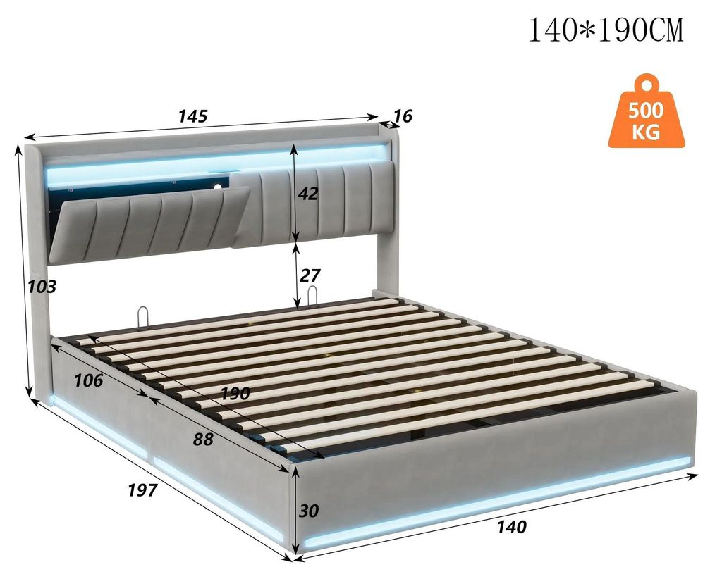 Polsterbett - Bettgestell 140x190 cm - Mit Stauraum - LED-Beleuchtung & USB - Lattenrost - Samt - Ohne Matratze - Grau