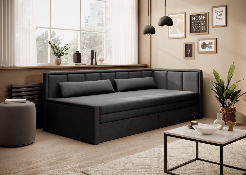 Krudox FULG 3-Sitzer Schlafsofa ausziehbar 214×77×82 cm mit Bettkasten, Stauraum und Kissen, Schlaffunktion 150×200 cm, Stoff POCO 4/10, rechts