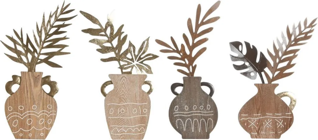 Vase Boho mural et figurine décorative en bois naturel Home ESPRIT - 4 pcs