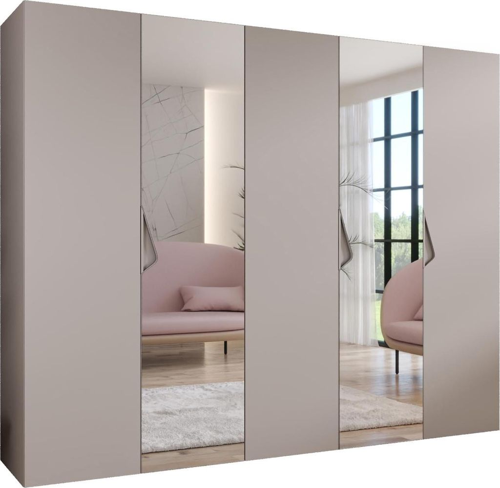 MEBLE KRYSPOL Schrank 250x202x52 cm mit Kleiderstange & Spiegel, 5xTür, SANDI, Kaschmir, Griff Kaschmir
