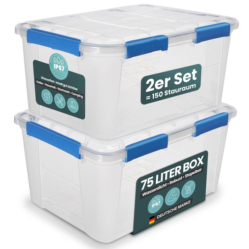 Kreher Aufbewahrungsbox 75 L mit Deckel - wasserdicht & staubdicht, transparent & stapelbar, BPA- & schadstofffrei, robuste Kunststoffbox (2 Stück)