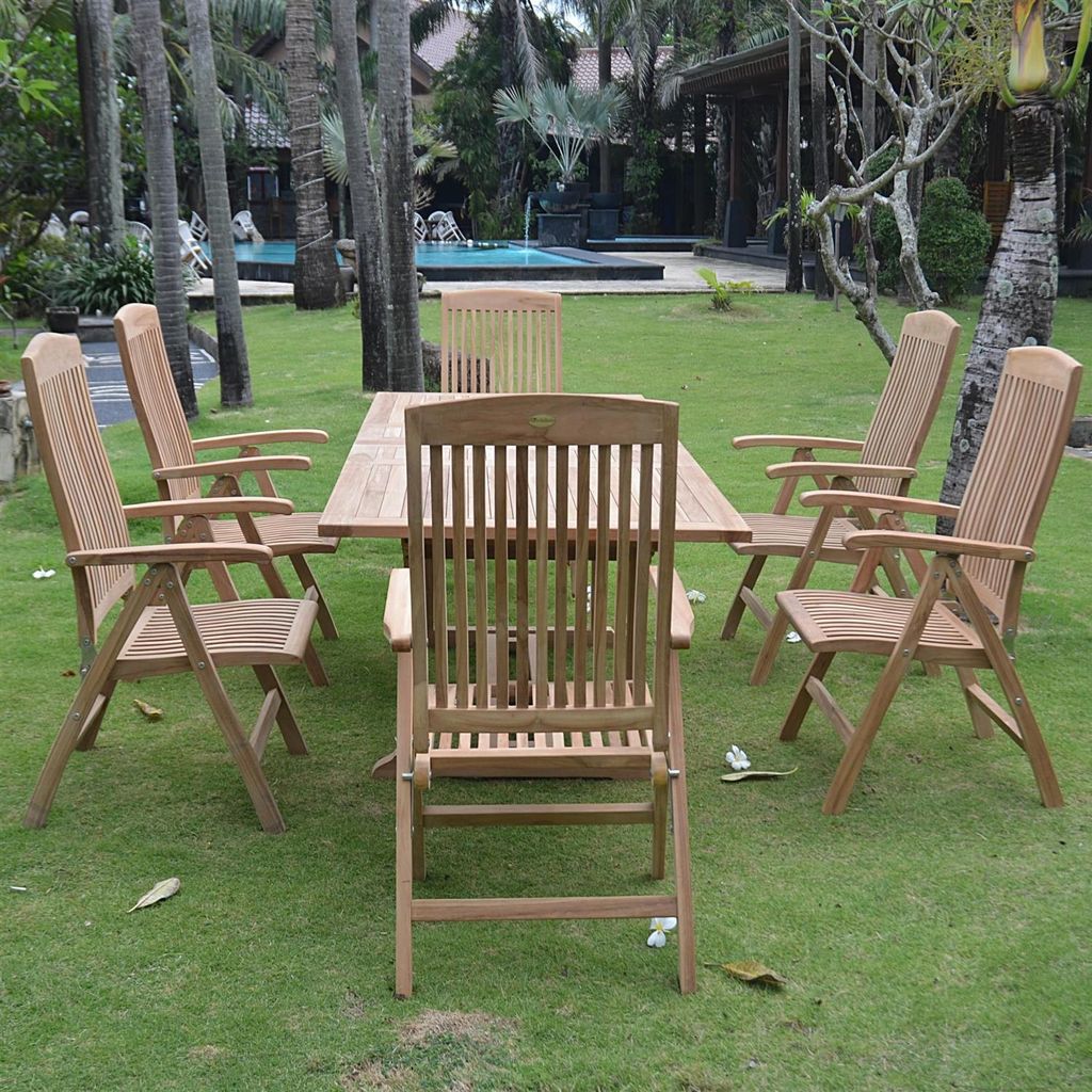 Teako Design Gartenmöbel-Set 6 Klappstühle Bari mit Ausziehtisch Teakholz