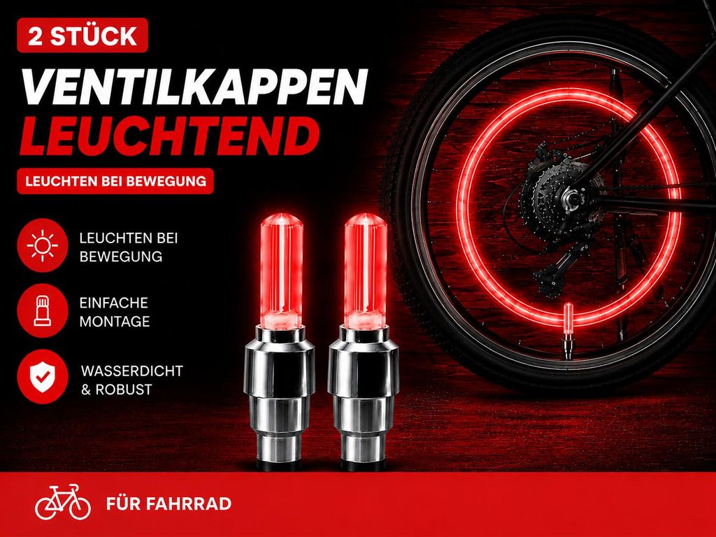 2x LED Ventilkappen Rot für Fahrrad – Leuchtende Produktbild  KI-generiertes Bild