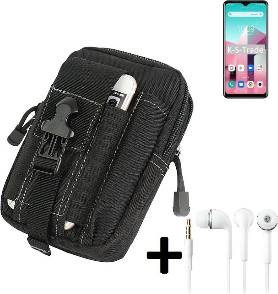 K-S-Trade Gürteltache + Kopfhörer kompatibel mit Blackview A80 Plus Gürtel Tasche Holster Schutz Hülle Handy Hülle schwarz inkl. Extrafächer