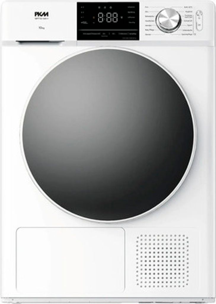 A white tumble dryer with a large black door and a digital display on top.