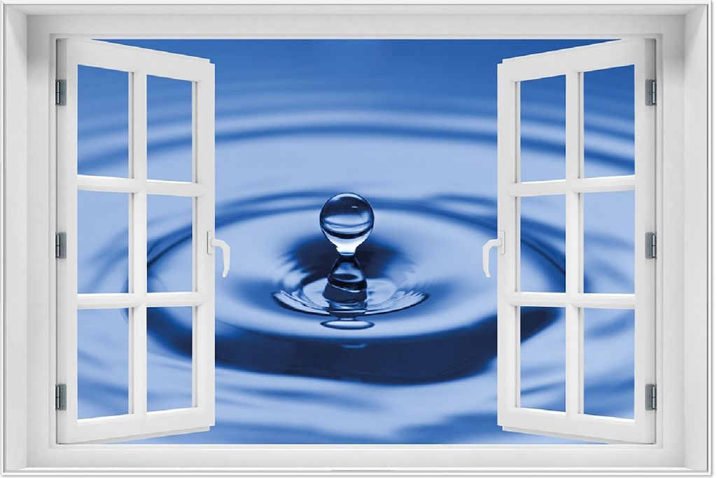 Wallario Wandbild mit Fenster-Illusion: Wassertropfen im blauen Wasser, Größe: 61 x 91,5 cm, Poster mit weißem Aluminiumrahmen