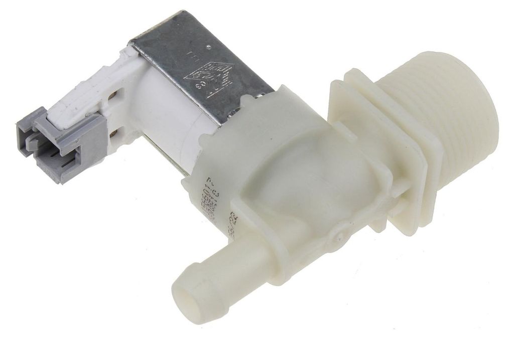 A close-up studio shot of a white plastic and metal water inlet valve for a dishwasher.