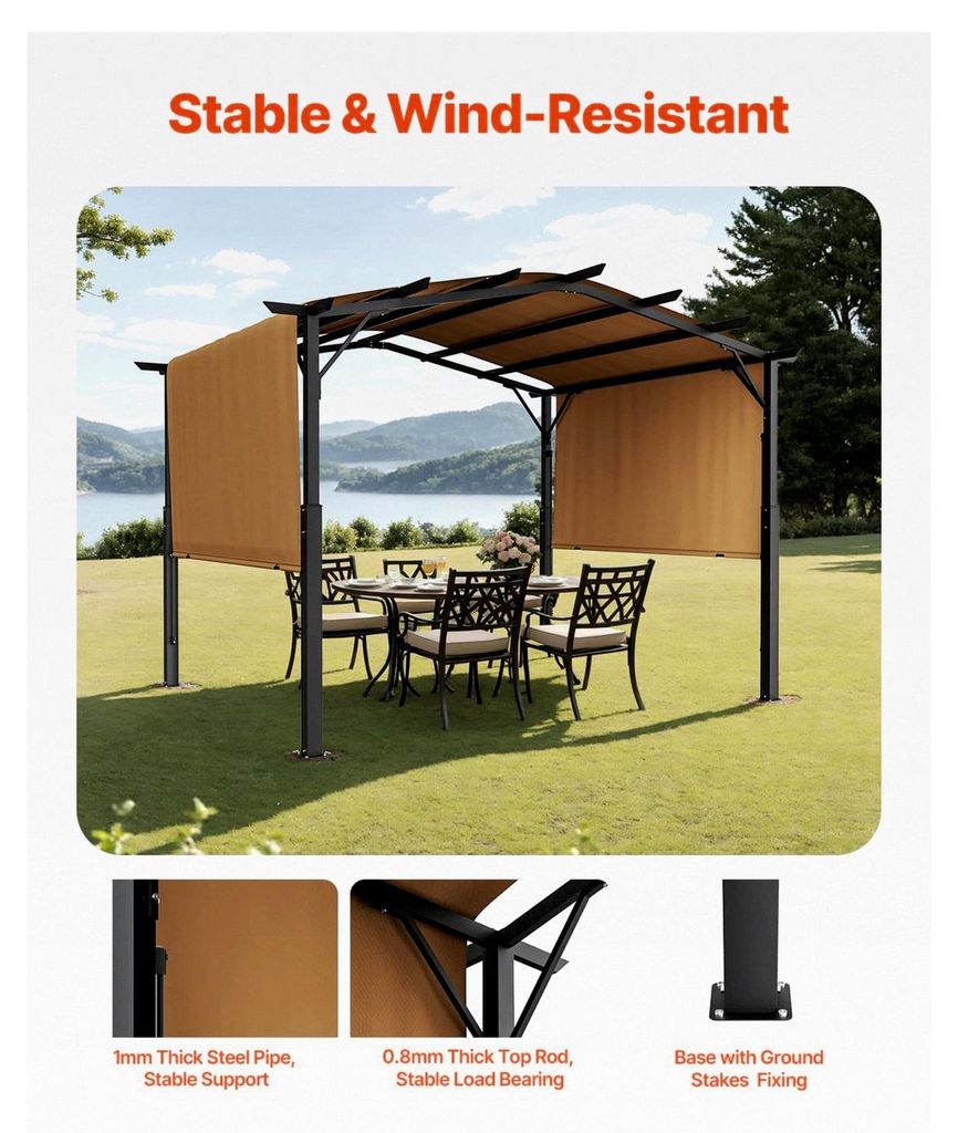Pergola 3650x3048x2540mm, Gartenpergola mit gewölbtem Dach, einziehbarer Pavillon mit Sonnenschutzdach, großer Terrassenpavillon, geeignet für T...