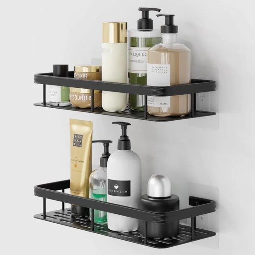 Organisateur de douche mural noir 2 tablettes aluminium sans perçage