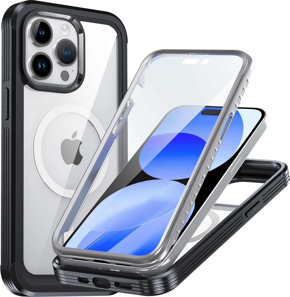 Handyhülle für iPhone 15 Pro Kompatibel mit Magsafe, 360 Grad Ganzkörper Schutzhülle Transparent Rückseite mit integriertem Displayschutz Schwarz